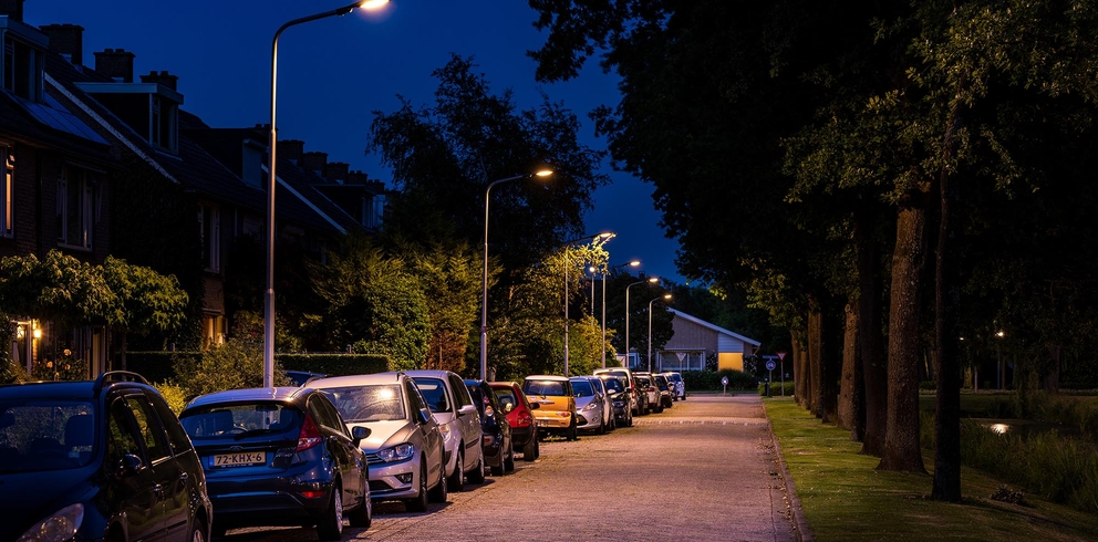 Lightronics Prunus E4 armaturen langs een straat in een woonwijk in Oud Beijerland Lightronics Prunus E4 armaturen langs een straat in een woonwijk in Oud Beijerland