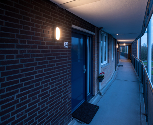 Lightronics RINK armaturen op een galerij van een appartementencomplex van Veluwonen in Eerbeek Lightronics RINK armaturen op een galerij van een appartementencomplex van Veluwonen in Eerbeek